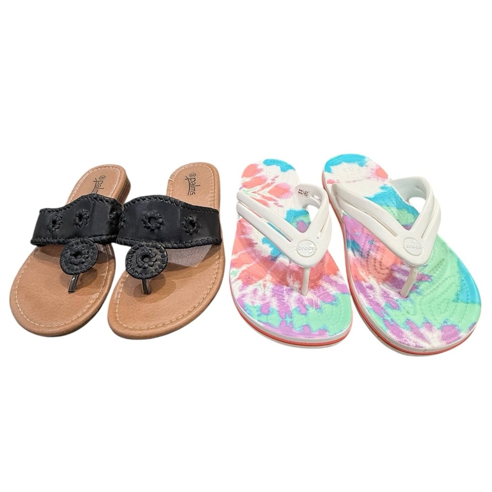 Women’s Size 8 Nice Pair Of Sandals - Crocs White/Tie-Dye and Palms Black Across